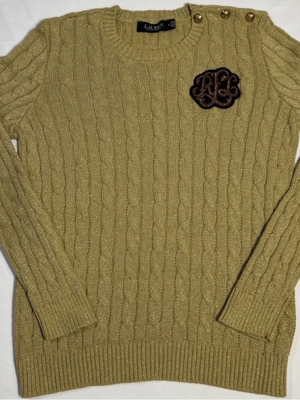 Ralph Lauren Gold Cable-Knit Crewneck Sweater with Embroidered Patch